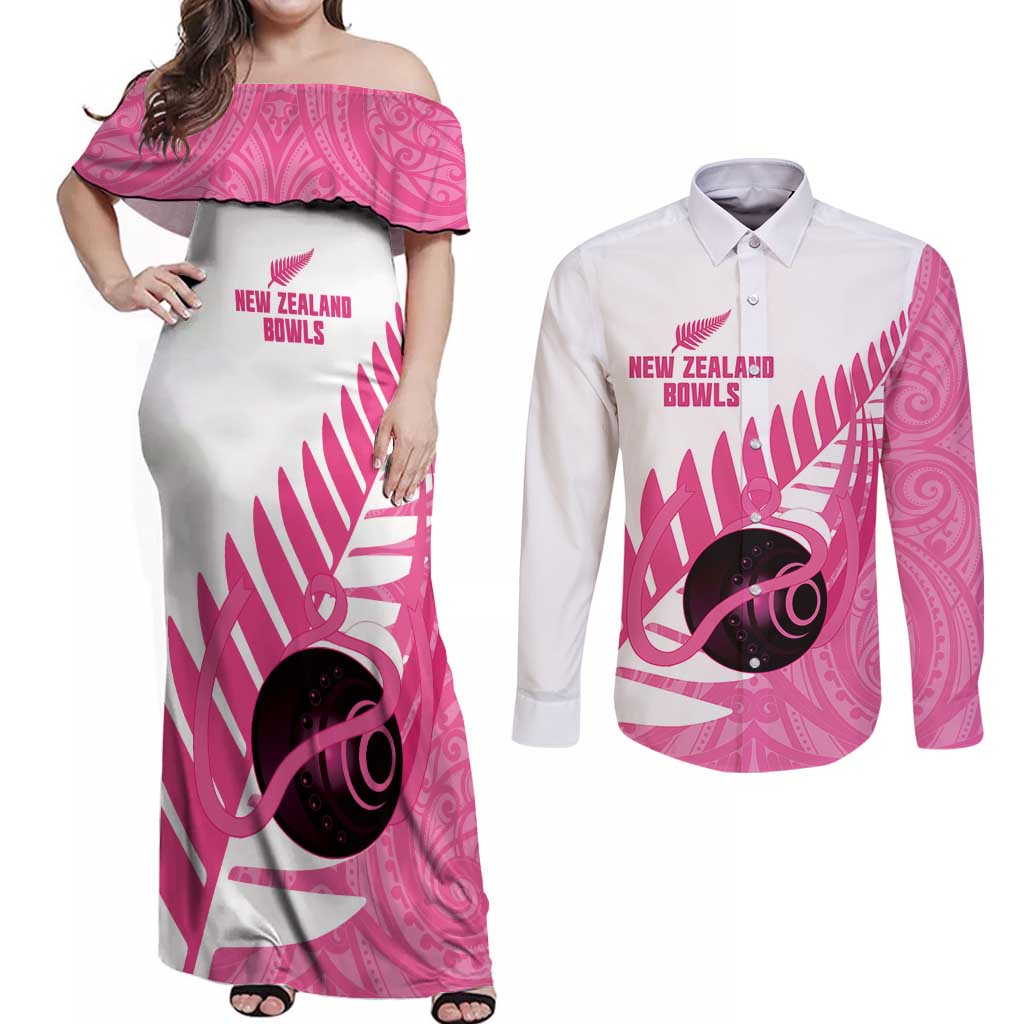 New Zealand Lawn Bowls Breast Cancer Custom Couples Matching Off Shoulder Maxi Dress and Long Sleeve Button Shirt Aotearoa Maori Silver Fern Pink Ribbon - Aussie Hoodie