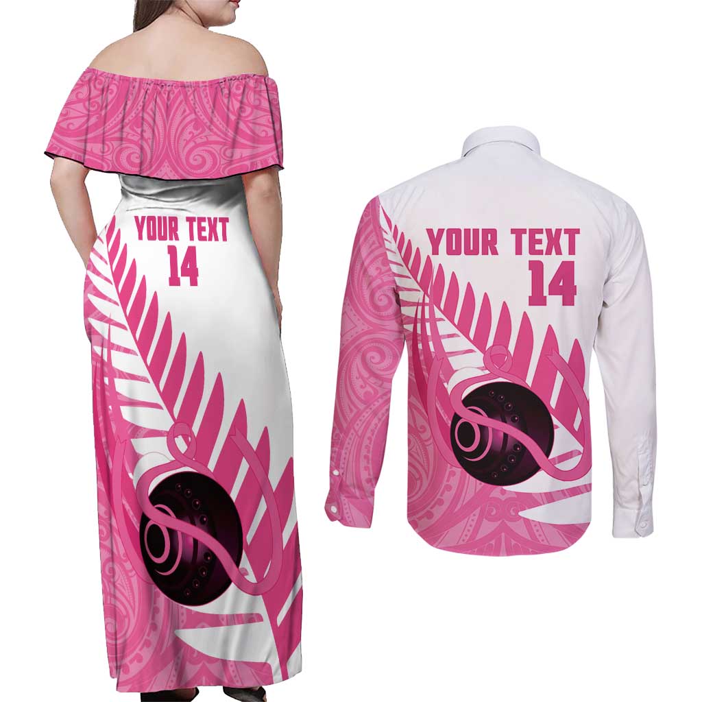 New Zealand Lawn Bowls Breast Cancer Custom Couples Matching Off Shoulder Maxi Dress and Long Sleeve Button Shirt Aotearoa Maori Silver Fern Pink Ribbon - Aussie Hoodie