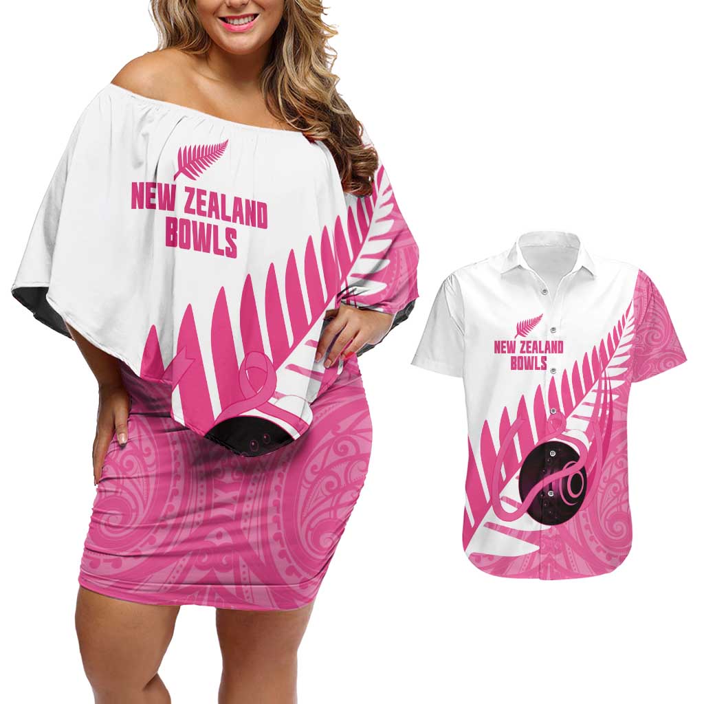 New Zealand Lawn Bowls Breast Cancer Custom Couples Matching Off Shoulder Short Dress and Hawaiian Shirt Aotearoa Maori Silver Fern Pink Ribbon - Aussie Hoodie
