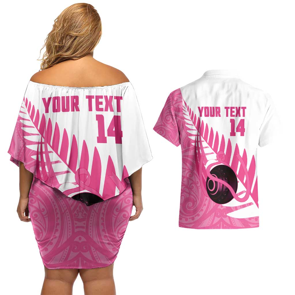 New Zealand Lawn Bowls Breast Cancer Custom Couples Matching Off Shoulder Short Dress and Hawaiian Shirt Aotearoa Maori Silver Fern Pink Ribbon - Aussie Hoodie