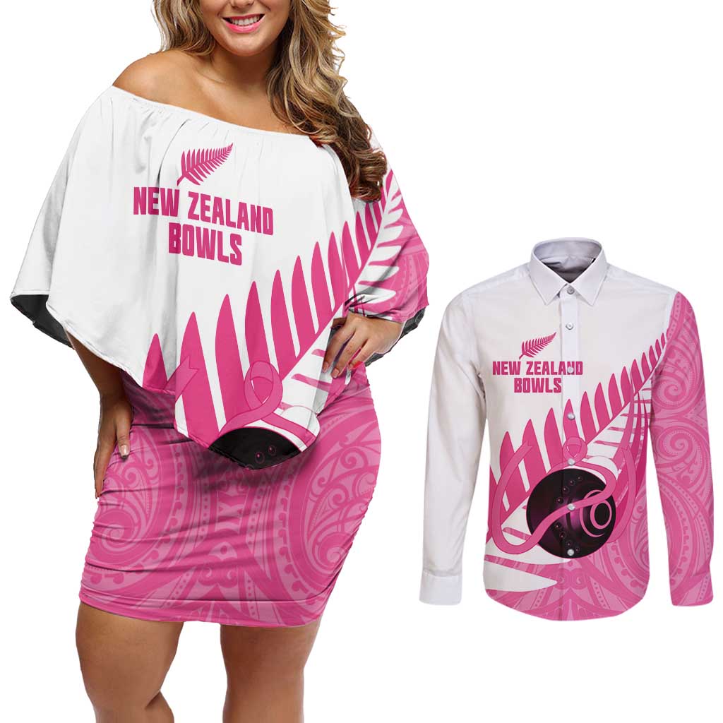 New Zealand Lawn Bowls Breast Cancer Custom Couples Matching Off Shoulder Short Dress and Long Sleeve Button Shirt Aotearoa Maori Silver Fern Pink Ribbon - Aussie Hoodie