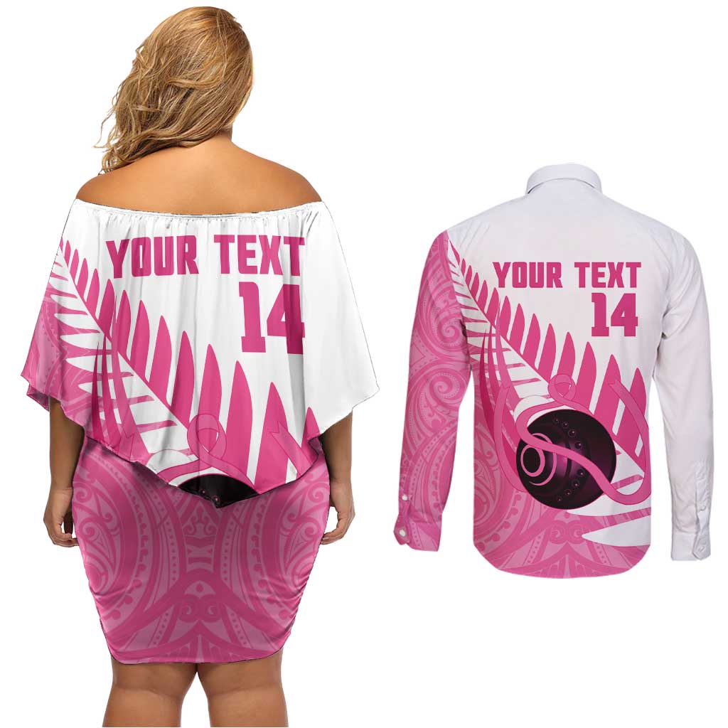 New Zealand Lawn Bowls Breast Cancer Custom Couples Matching Off Shoulder Short Dress and Long Sleeve Button Shirt Aotearoa Maori Silver Fern Pink Ribbon - Aussie Hoodie