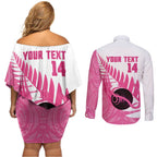 New Zealand Lawn Bowls Breast Cancer Custom Couples Matching Off Shoulder Short Dress and Long Sleeve Button Shirt Aotearoa Maori Silver Fern Pink Ribbon - Aussie Hoodie