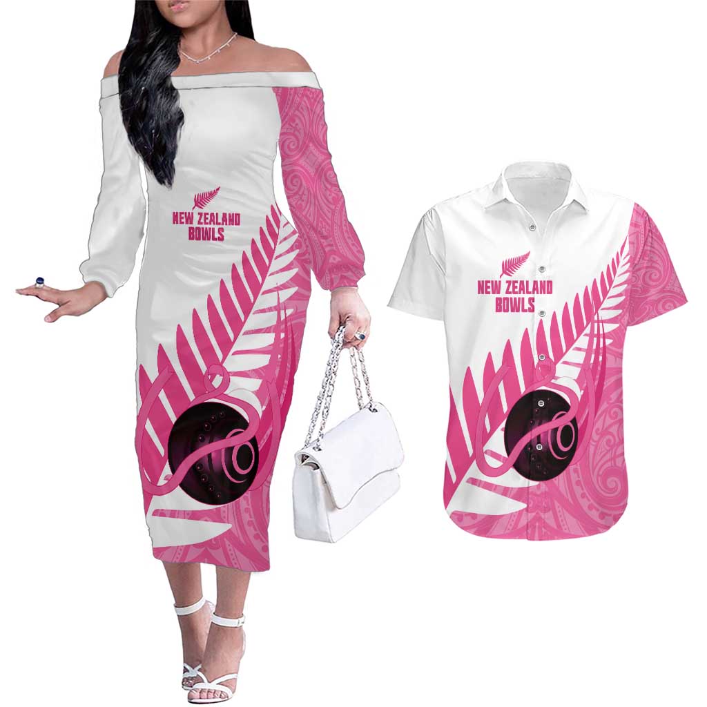 New Zealand Lawn Bowls Breast Cancer Custom Couples Matching Off The Shoulder Long Sleeve Dress and Hawaiian Shirt Aotearoa Maori Silver Fern Pink Ribbon - Aussie Hoodie