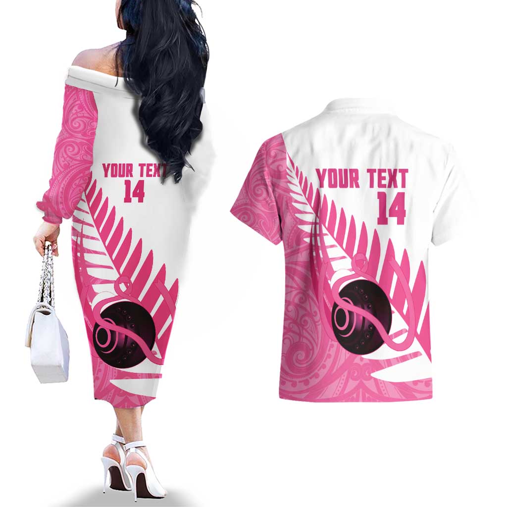 New Zealand Lawn Bowls Breast Cancer Custom Couples Matching Off The Shoulder Long Sleeve Dress and Hawaiian Shirt Aotearoa Maori Silver Fern Pink Ribbon - Aussie Hoodie
