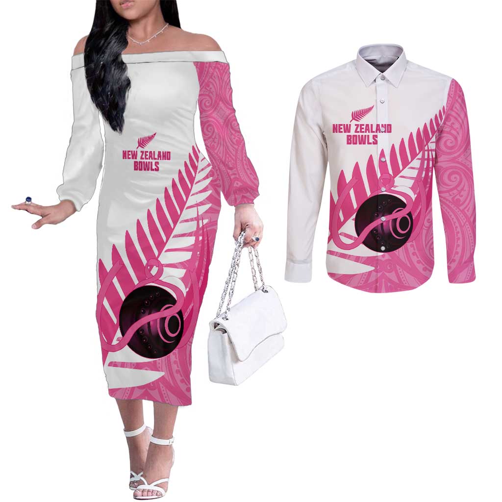 New Zealand Lawn Bowls Breast Cancer Custom Couples Matching Off The Shoulder Long Sleeve Dress and Long Sleeve Button Shirt Aotearoa Maori Silver Fern Pink Ribbon - Aussie Hoodie