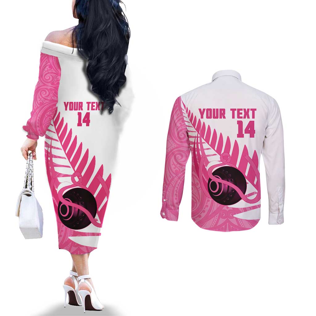 New Zealand Lawn Bowls Breast Cancer Custom Couples Matching Off The Shoulder Long Sleeve Dress and Long Sleeve Button Shirt Aotearoa Maori Silver Fern Pink Ribbon - Aussie Hoodie