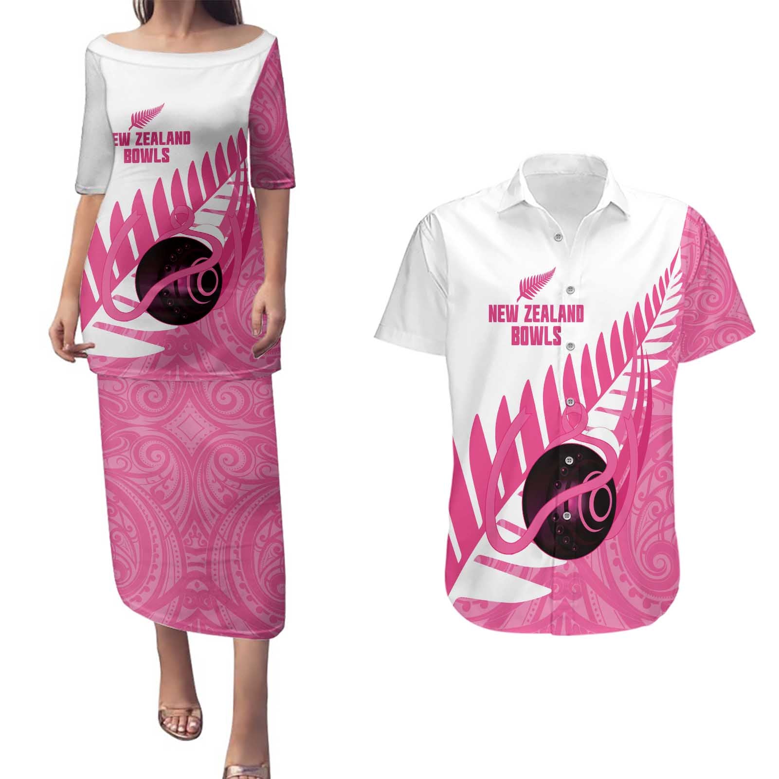 New Zealand Lawn Bowls Breast Cancer Custom Couples Matching Puletasi and Hawaiian Shirt Aotearoa Maori Silver Fern Pink Ribbon - Aussie Hoodie