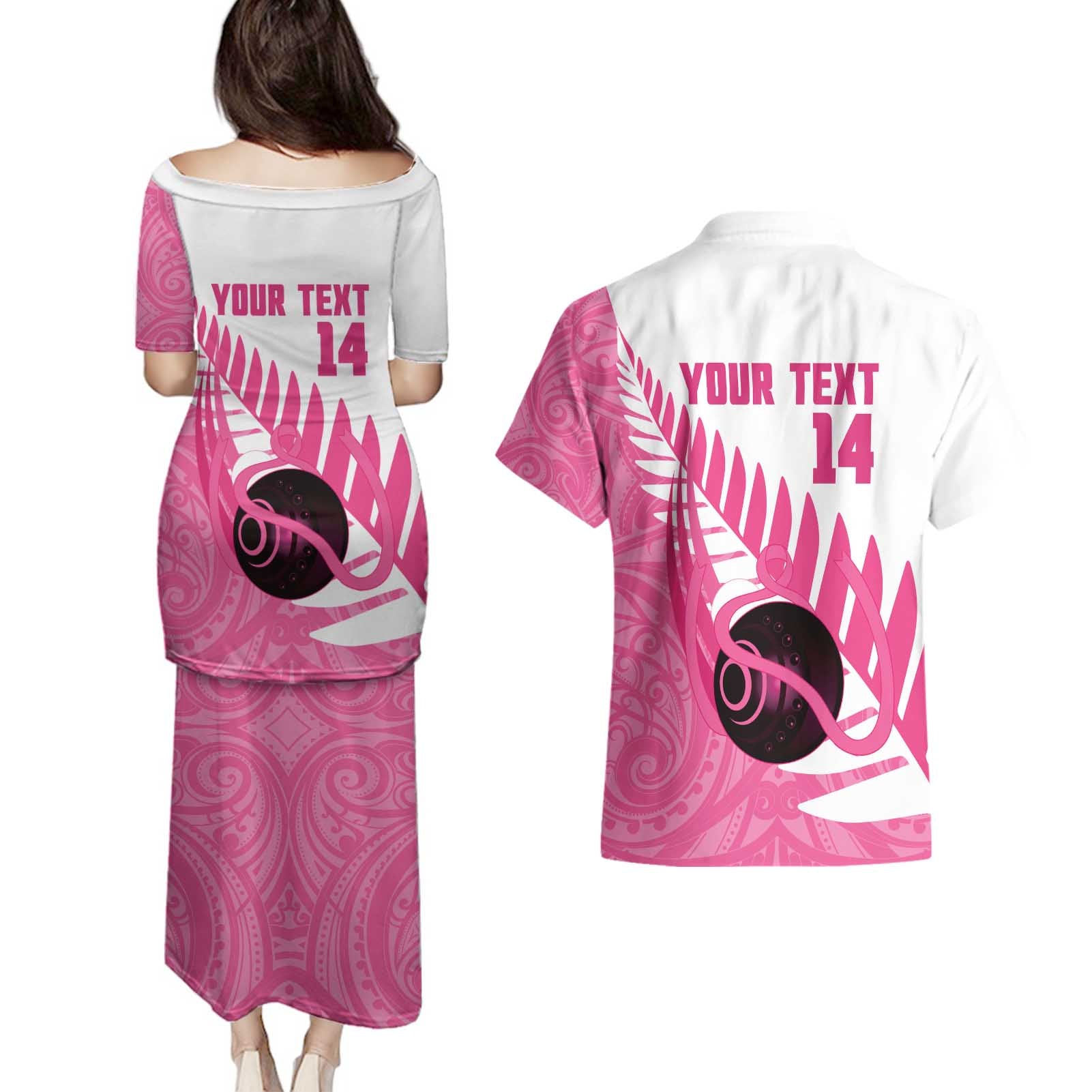 New Zealand Lawn Bowls Breast Cancer Custom Couples Matching Puletasi and Hawaiian Shirt Aotearoa Maori Silver Fern Pink Ribbon - Aussie Hoodie