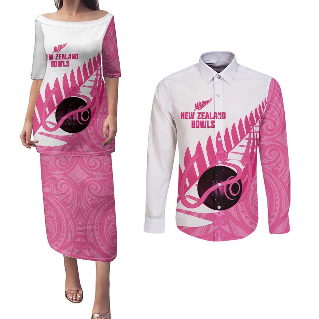 New Zealand Lawn Bowls Breast Cancer Custom Couples Matching Puletasi and Long Sleeve Button Shirt Aotearoa Maori Silver Fern Pink Ribbon - Aussie Hoodie