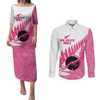 New Zealand Lawn Bowls Breast Cancer Custom Couples Matching Puletasi and Long Sleeve Button Shirt Aotearoa Maori Silver Fern Pink Ribbon - Aussie Hoodie