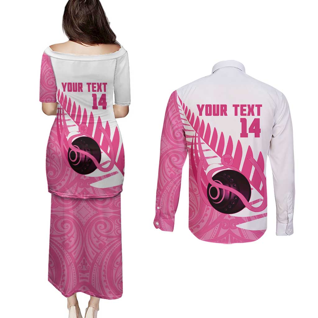 New Zealand Lawn Bowls Breast Cancer Custom Couples Matching Puletasi and Long Sleeve Button Shirt Aotearoa Maori Silver Fern Pink Ribbon - Aussie Hoodie