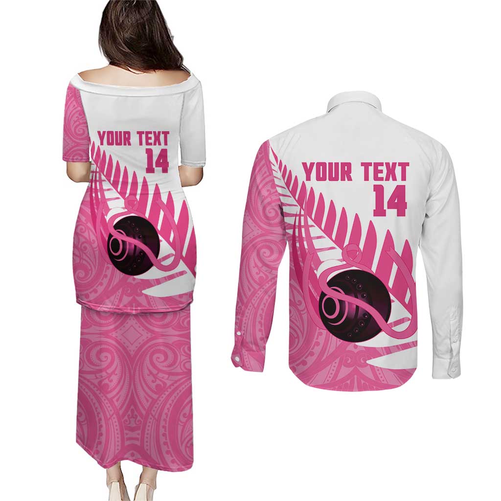 New Zealand Lawn Bowls Breast Cancer Custom Couples Matching Puletasi and Long Sleeve Button Shirt Aotearoa Maori Silver Fern Pink Ribbon - Aussie Hoodie