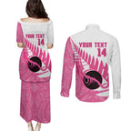 New Zealand Lawn Bowls Breast Cancer Custom Couples Matching Puletasi and Long Sleeve Button Shirt Aotearoa Maori Silver Fern Pink Ribbon - Aussie Hoodie