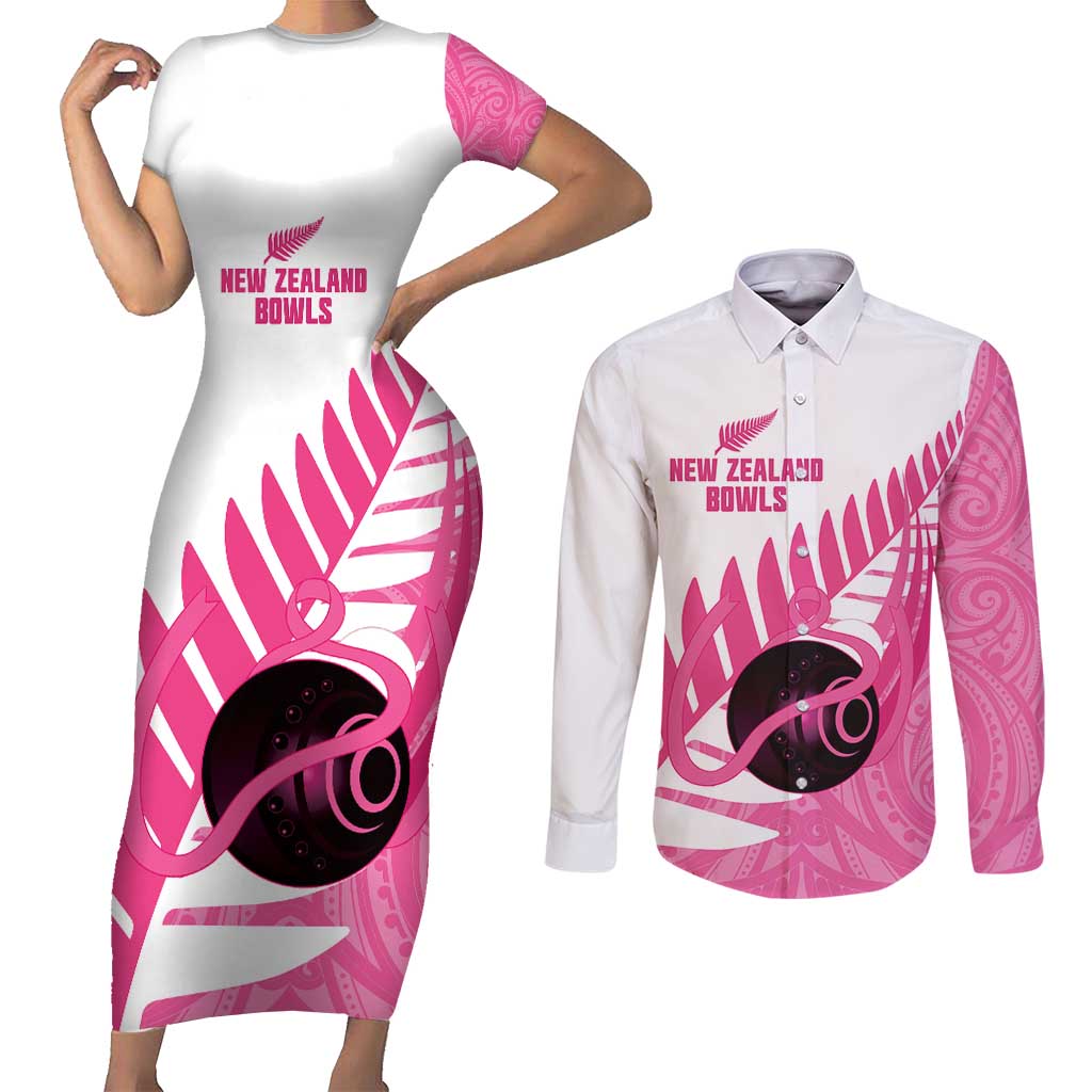 New Zealand Lawn Bowls Breast Cancer Custom Couples Matching Short Sleeve Bodycon Dress and Long Sleeve Button Shirt Aotearoa Maori Silver Fern Pink Ribbon - Aussie Hoodie