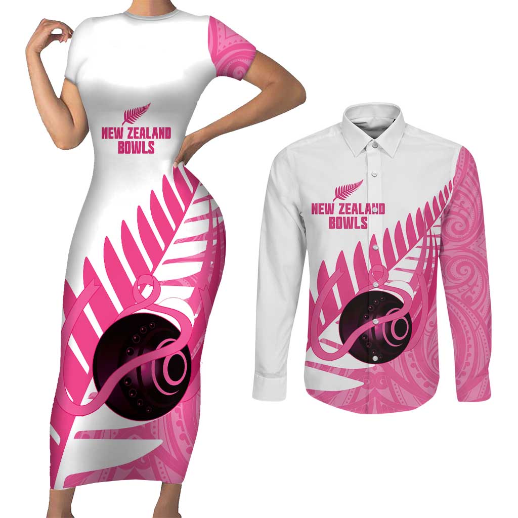 New Zealand Lawn Bowls Breast Cancer Custom Couples Matching Short Sleeve Bodycon Dress and Long Sleeve Button Shirt Aotearoa Maori Silver Fern Pink Ribbon - Aussie Hoodie
