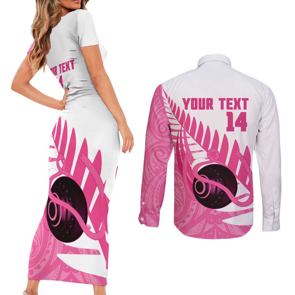 New Zealand Lawn Bowls Breast Cancer Custom Couples Matching Short Sleeve Bodycon Dress and Long Sleeve Button Shirt Aotearoa Maori Silver Fern Pink Ribbon - Aussie Hoodie