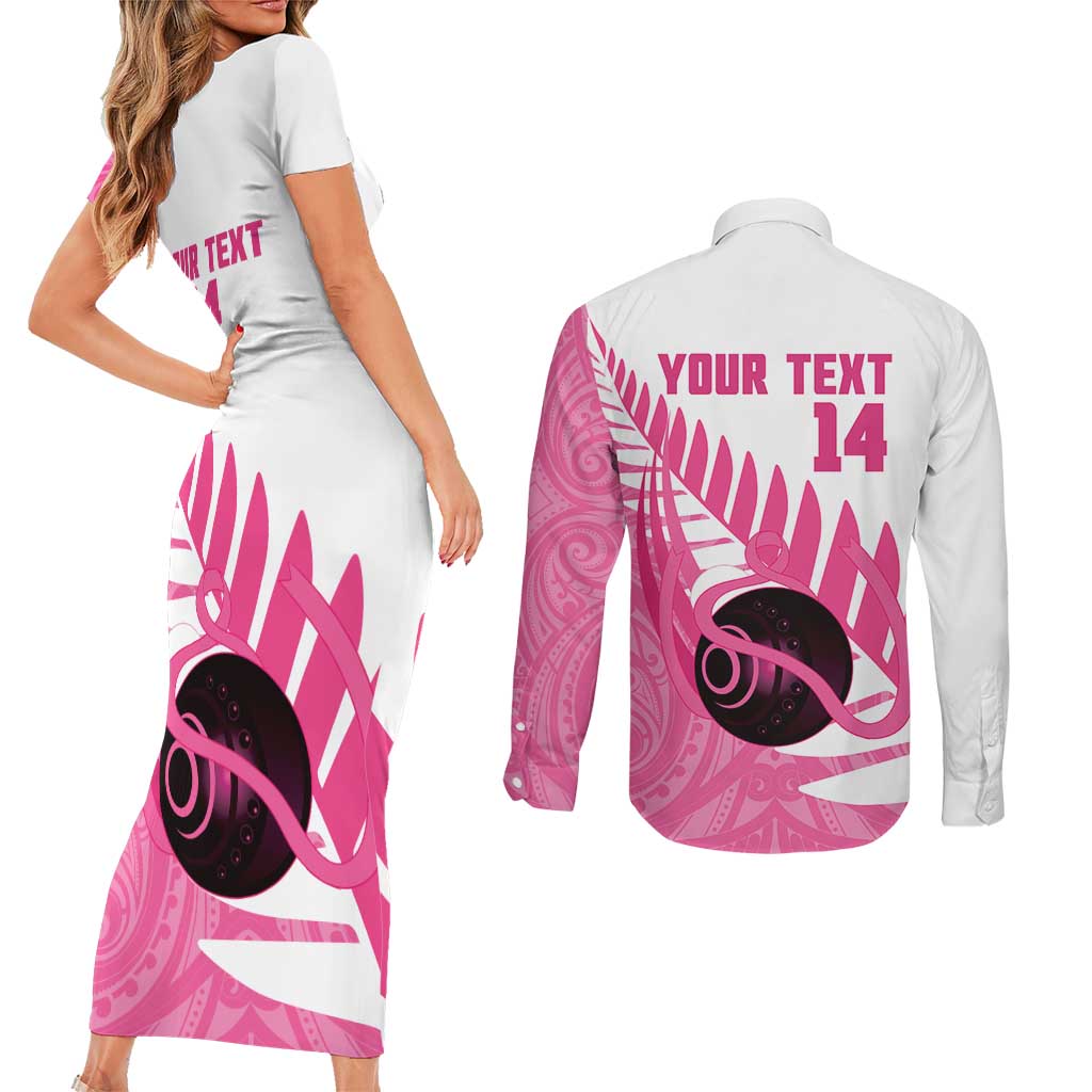 New Zealand Lawn Bowls Breast Cancer Custom Couples Matching Short Sleeve Bodycon Dress and Long Sleeve Button Shirt Aotearoa Maori Silver Fern Pink Ribbon - Aussie Hoodie