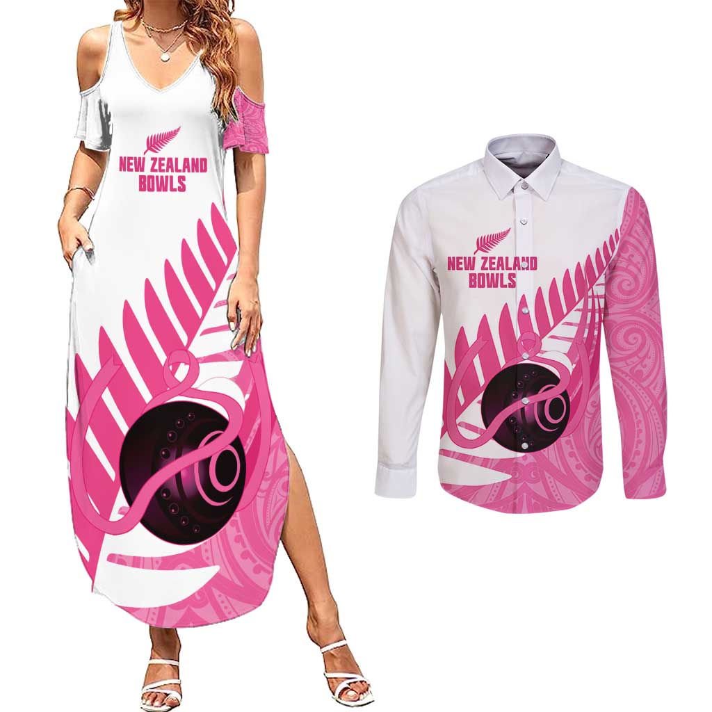 New Zealand Lawn Bowls Breast Cancer Custom Couples Matching Summer Maxi Dress and Long Sleeve Button Shirt Aotearoa Maori Silver Fern Pink Ribbon - Aussie Hoodie