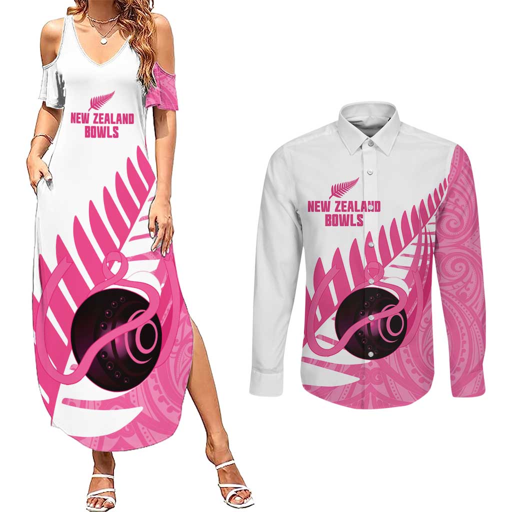 New Zealand Lawn Bowls Breast Cancer Custom Couples Matching Summer Maxi Dress and Long Sleeve Button Shirt Aotearoa Maori Silver Fern Pink Ribbon - Aussie Hoodie