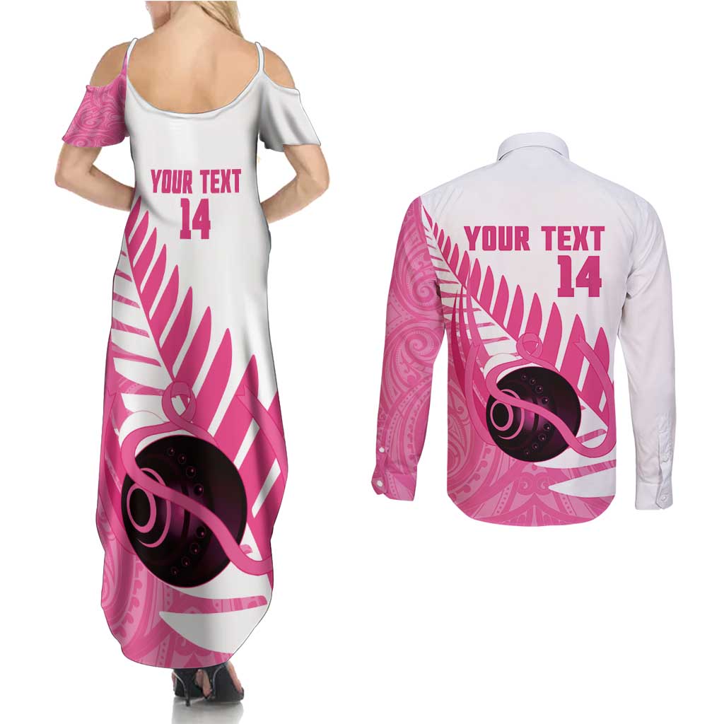 New Zealand Lawn Bowls Breast Cancer Custom Couples Matching Summer Maxi Dress and Long Sleeve Button Shirt Aotearoa Maori Silver Fern Pink Ribbon - Aussie Hoodie
