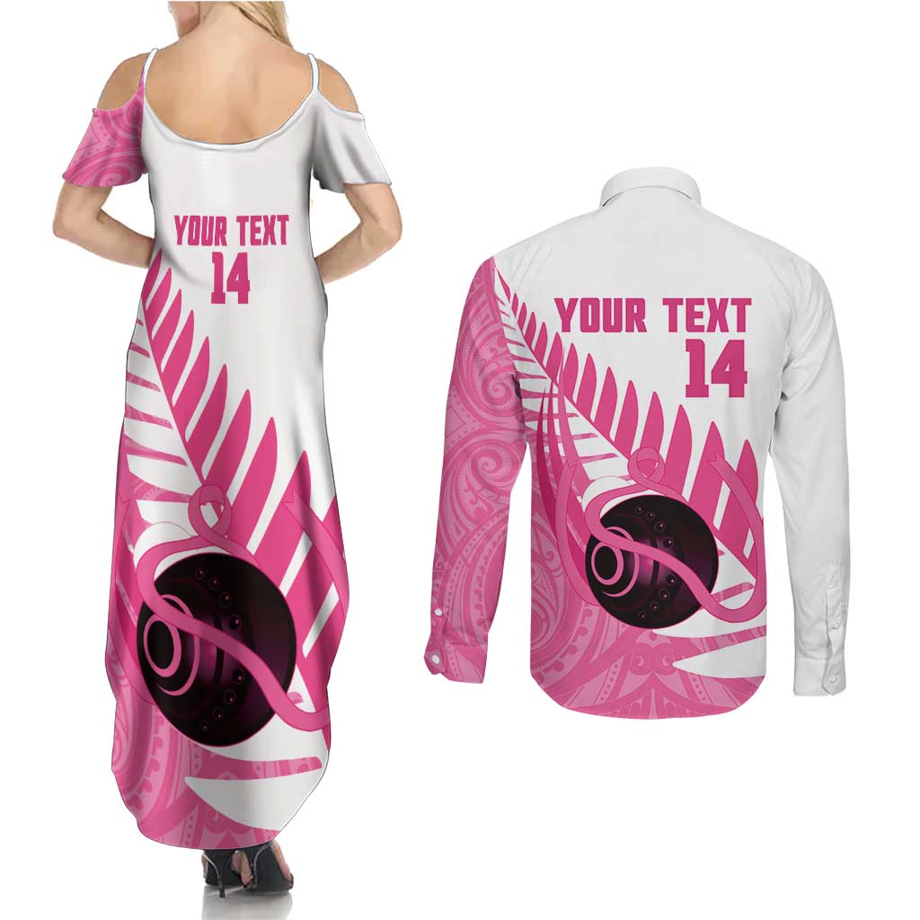 New Zealand Lawn Bowls Breast Cancer Custom Couples Matching Summer Maxi Dress and Long Sleeve Button Shirt Aotearoa Maori Silver Fern Pink Ribbon - Aussie Hoodie