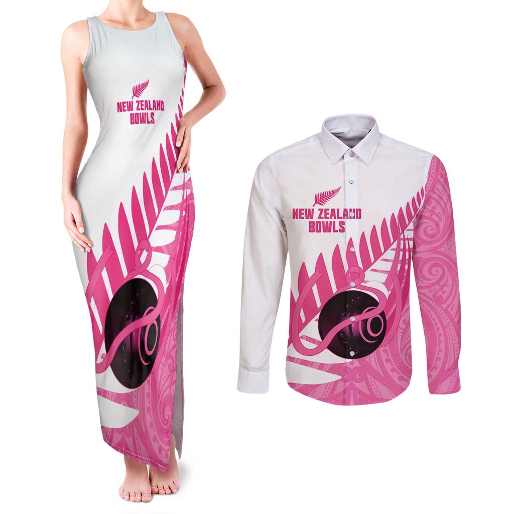 New Zealand Lawn Bowls Breast Cancer Custom Couples Matching Tank Maxi Dress and Long Sleeve Button Shirt Aotearoa Maori Silver Fern Pink Ribbon - Aussie Hoodie