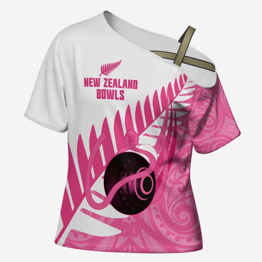 New Zealand Lawn Bowls Breast Cancer Custom Cross Shoulder Shirt Aotearoa Maori Silver Fern Pink Ribbon - Aussie Hoodie