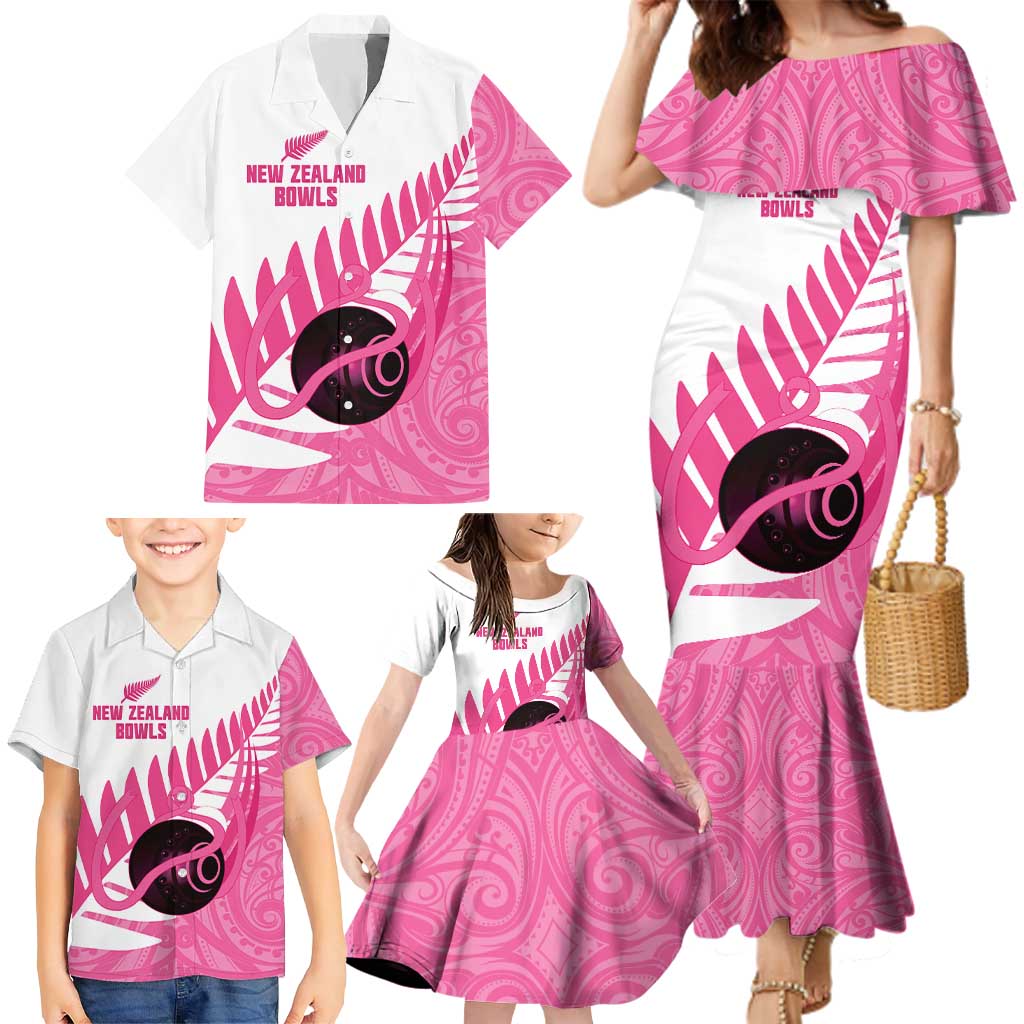 New Zealand Lawn Bowls Breast Cancer Custom Family Matching Mermaid Dress and Hawaiian Shirt Aotearoa Maori Silver Fern Pink Ribbon - Aussie Hoodie