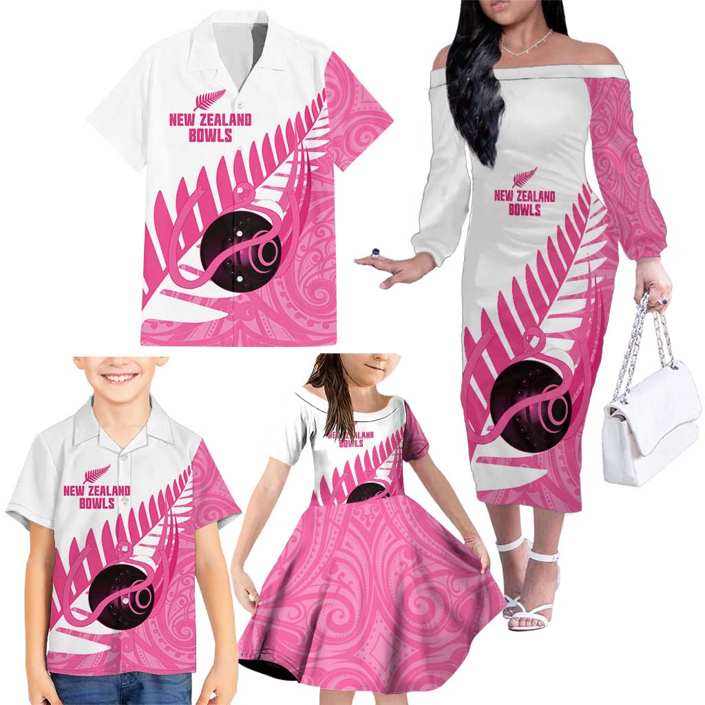 New Zealand Lawn Bowls Breast Cancer Custom Family Matching Off The Shoulder Long Sleeve Dress and Hawaiian Shirt Aotearoa Maori Silver Fern Pink Ribbon - Aussie Hoodie