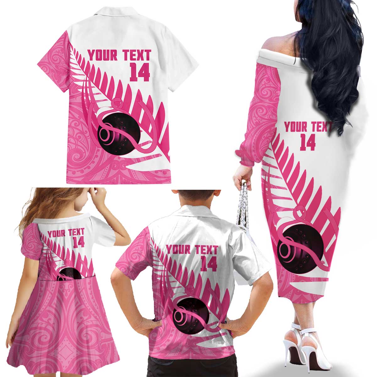 New Zealand Lawn Bowls Breast Cancer Custom Family Matching Off The Shoulder Long Sleeve Dress and Hawaiian Shirt Aotearoa Maori Silver Fern Pink Ribbon - Aussie Hoodie