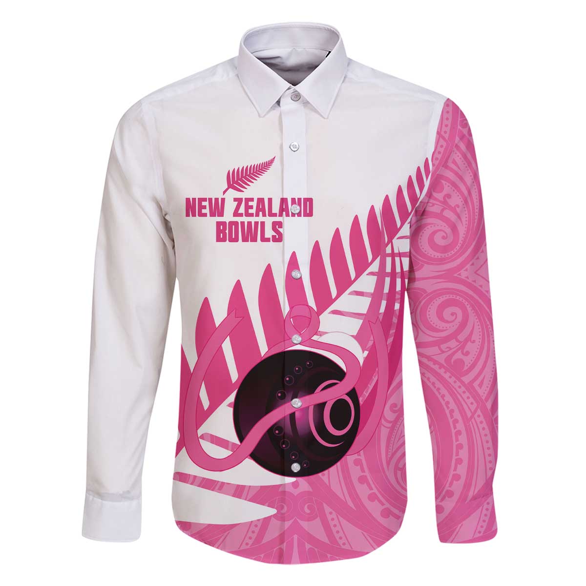 New Zealand Lawn Bowls Breast Cancer Custom Family Matching Off The Shoulder Long Sleeve Dress and Hawaiian Shirt Aotearoa Maori Silver Fern Pink Ribbon - Aussie Hoodie