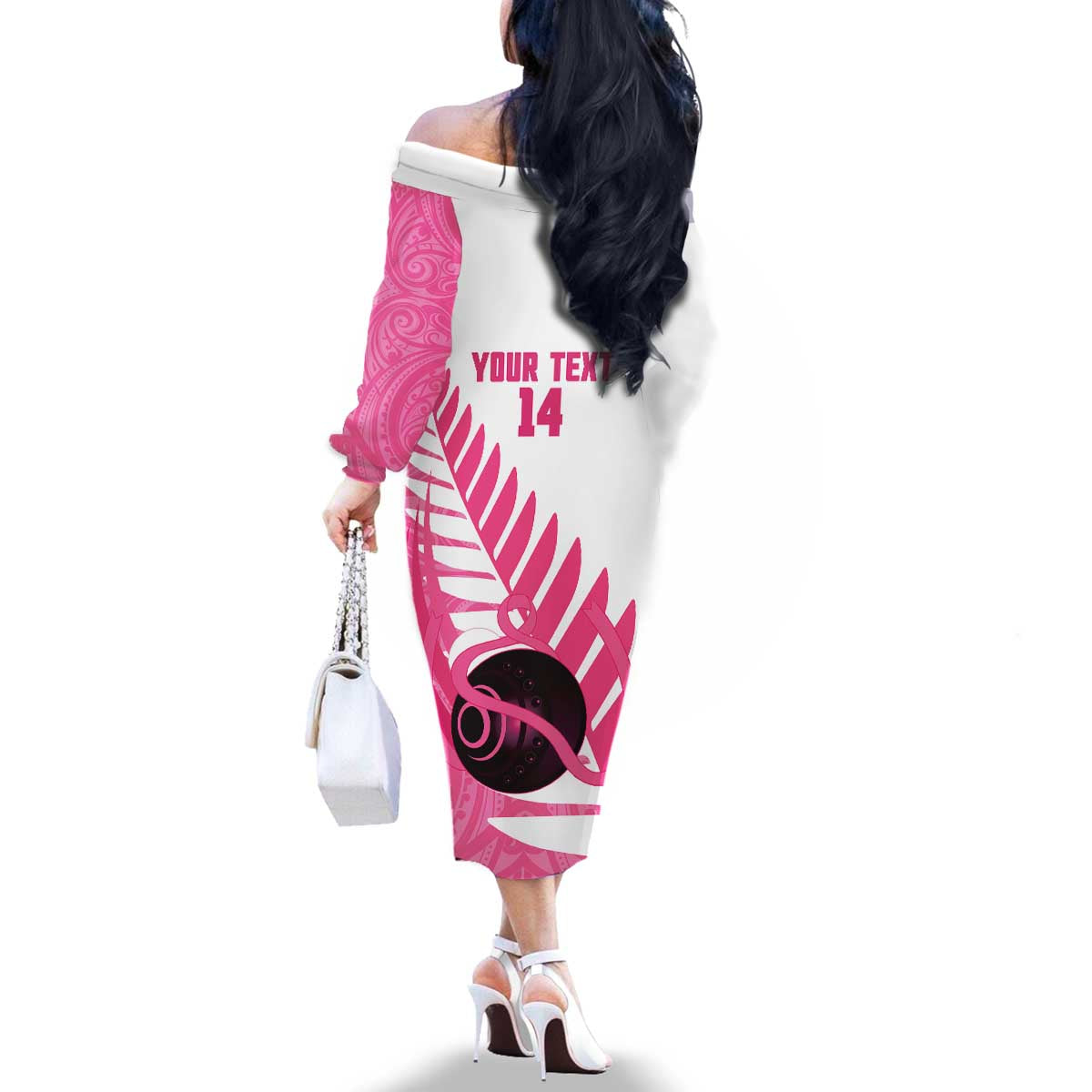 New Zealand Lawn Bowls Breast Cancer Custom Family Matching Off The Shoulder Long Sleeve Dress and Hawaiian Shirt Aotearoa Maori Silver Fern Pink Ribbon - Aussie Hoodie