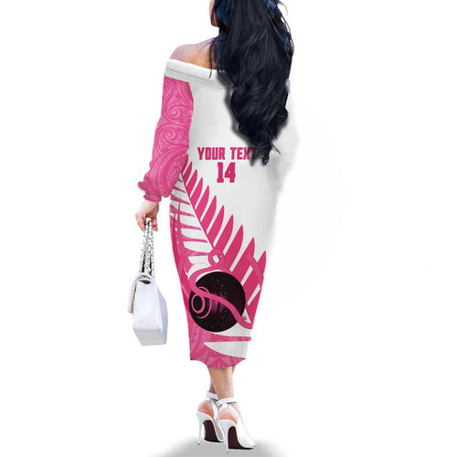 New Zealand Lawn Bowls Breast Cancer Custom Family Matching Off The Shoulder Long Sleeve Dress and Hawaiian Shirt Aotearoa Maori Silver Fern Pink Ribbon - Aussie Hoodie
