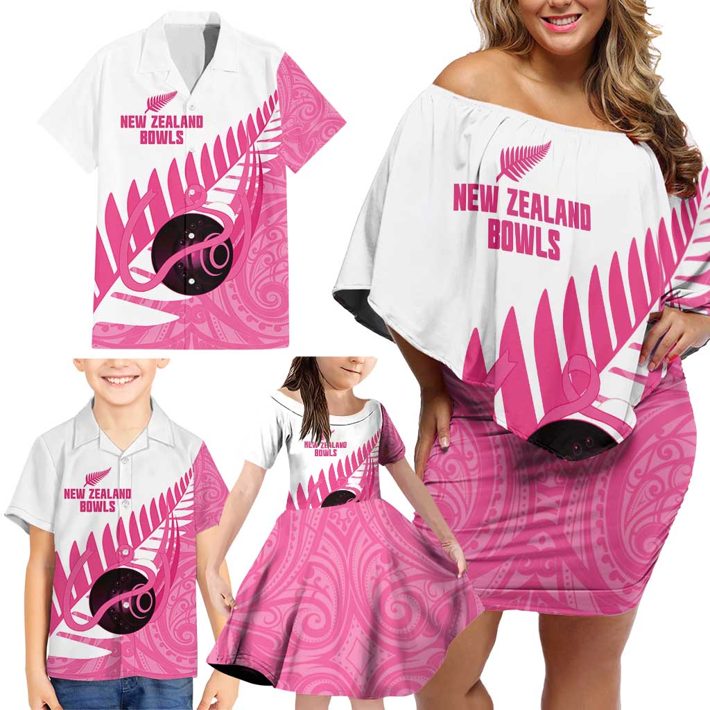 New Zealand Lawn Bowls Breast Cancer Custom Family Matching Off Shoulder Short Dress and Hawaiian Shirt Aotearoa Maori Silver Fern Pink Ribbon - Aussie Hoodie