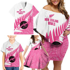 New Zealand Lawn Bowls Breast Cancer Custom Family Matching Off Shoulder Short Dress and Hawaiian Shirt Aotearoa Maori Silver Fern Pink Ribbon - Aussie Hoodie
