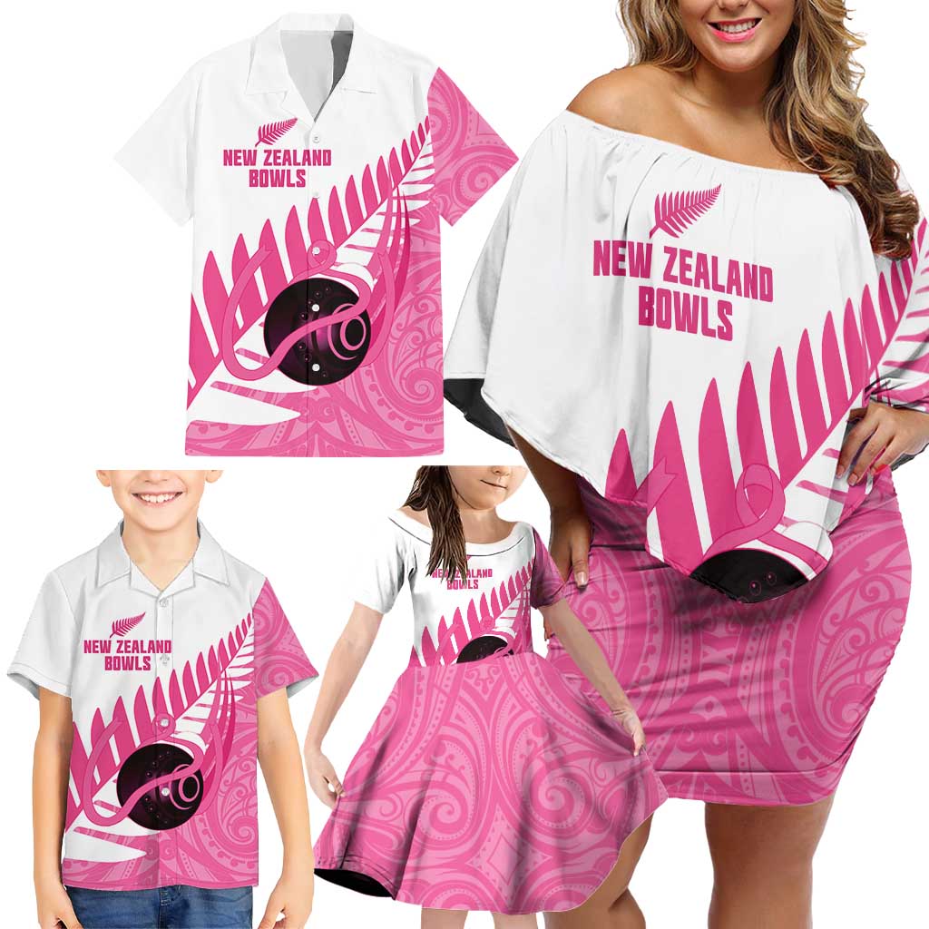 New Zealand Lawn Bowls Breast Cancer Custom Family Matching Off Shoulder Short Dress and Hawaiian Shirt Aotearoa Maori Silver Fern Pink Ribbon - Aussie Hoodie