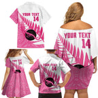 New Zealand Lawn Bowls Breast Cancer Custom Family Matching Off Shoulder Short Dress and Hawaiian Shirt Aotearoa Maori Silver Fern Pink Ribbon - Aussie Hoodie