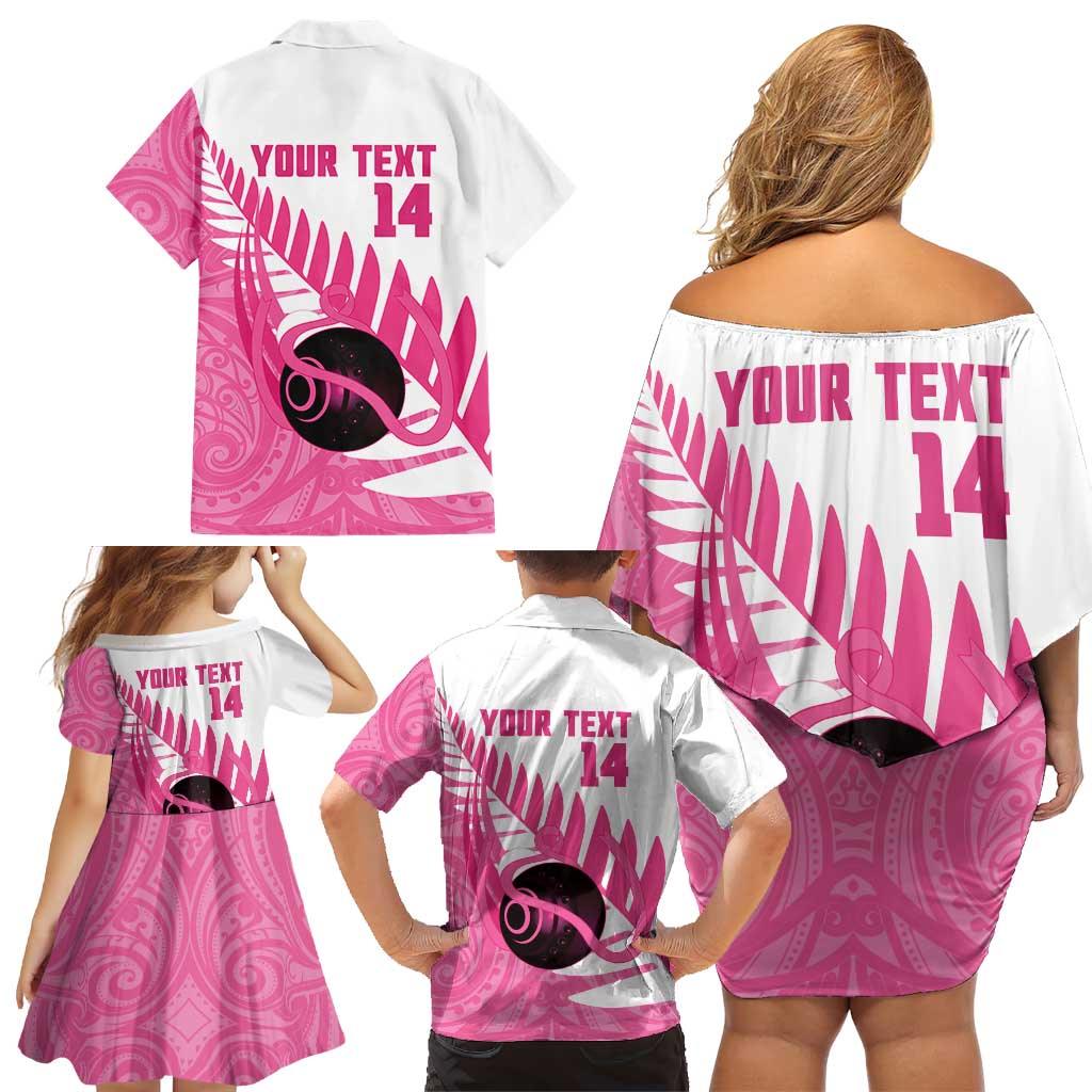 New Zealand Lawn Bowls Breast Cancer Custom Family Matching Off Shoulder Short Dress and Hawaiian Shirt Aotearoa Maori Silver Fern Pink Ribbon - Aussie Hoodie