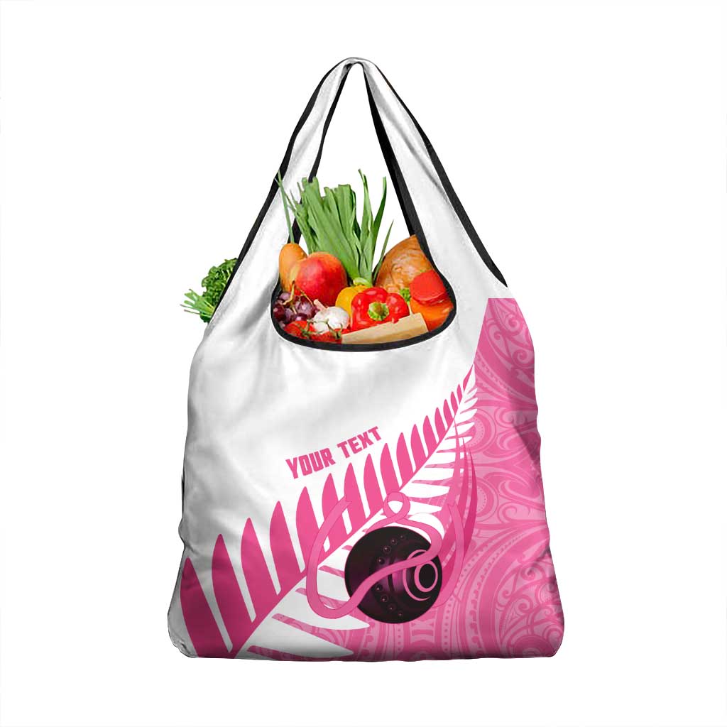 New Zealand Lawn Bowls Breast Cancer Custom Grocery Bag Aotearoa Maori Silver Fern Pink Ribbon - Aussie Hoodie
