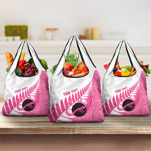 New Zealand Lawn Bowls Breast Cancer Custom Grocery Bag Aotearoa Maori Silver Fern Pink Ribbon - Aussie Hoodie
