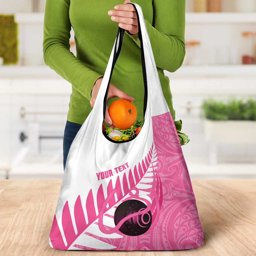 New Zealand Lawn Bowls Breast Cancer Custom Grocery Bag Aotearoa Maori Silver Fern Pink Ribbon - Aussie Hoodie