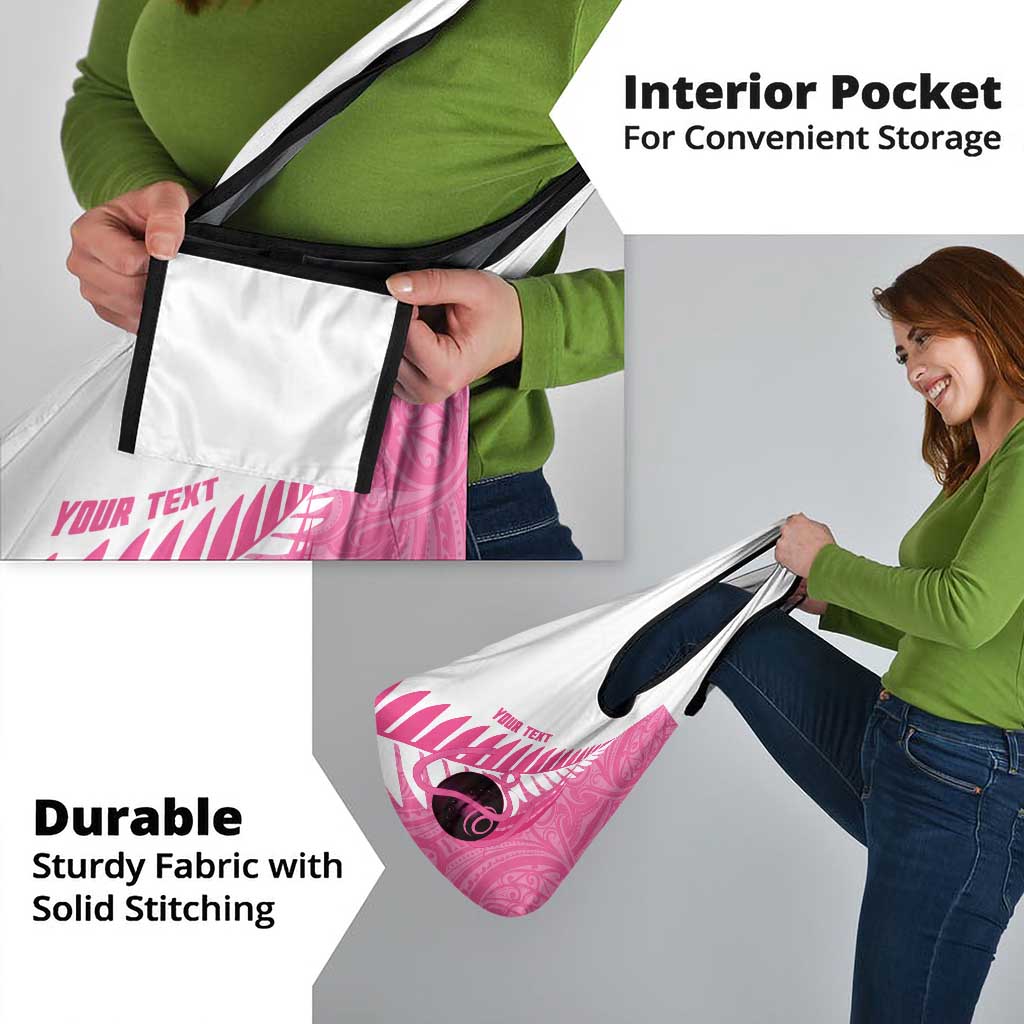 New Zealand Lawn Bowls Breast Cancer Custom Grocery Bag Aotearoa Maori Silver Fern Pink Ribbon - Aussie Hoodie