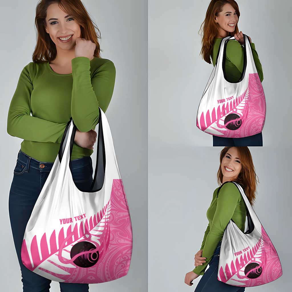 New Zealand Lawn Bowls Breast Cancer Custom Grocery Bag Aotearoa Maori Silver Fern Pink Ribbon - Aussie Hoodie