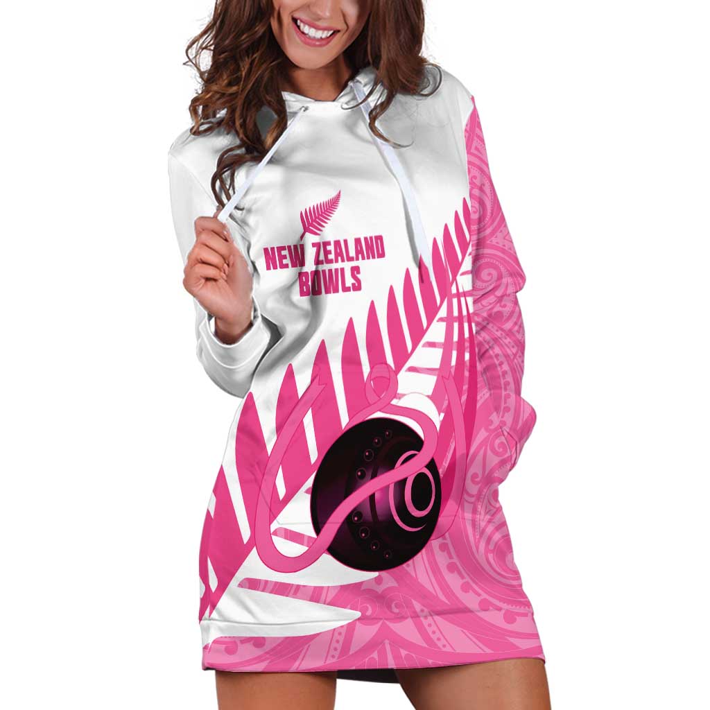New Zealand Lawn Bowls Breast Cancer Custom Hoodie Dress Aotearoa Maori Silver Fern Pink Ribbon - Aussie Hoodie