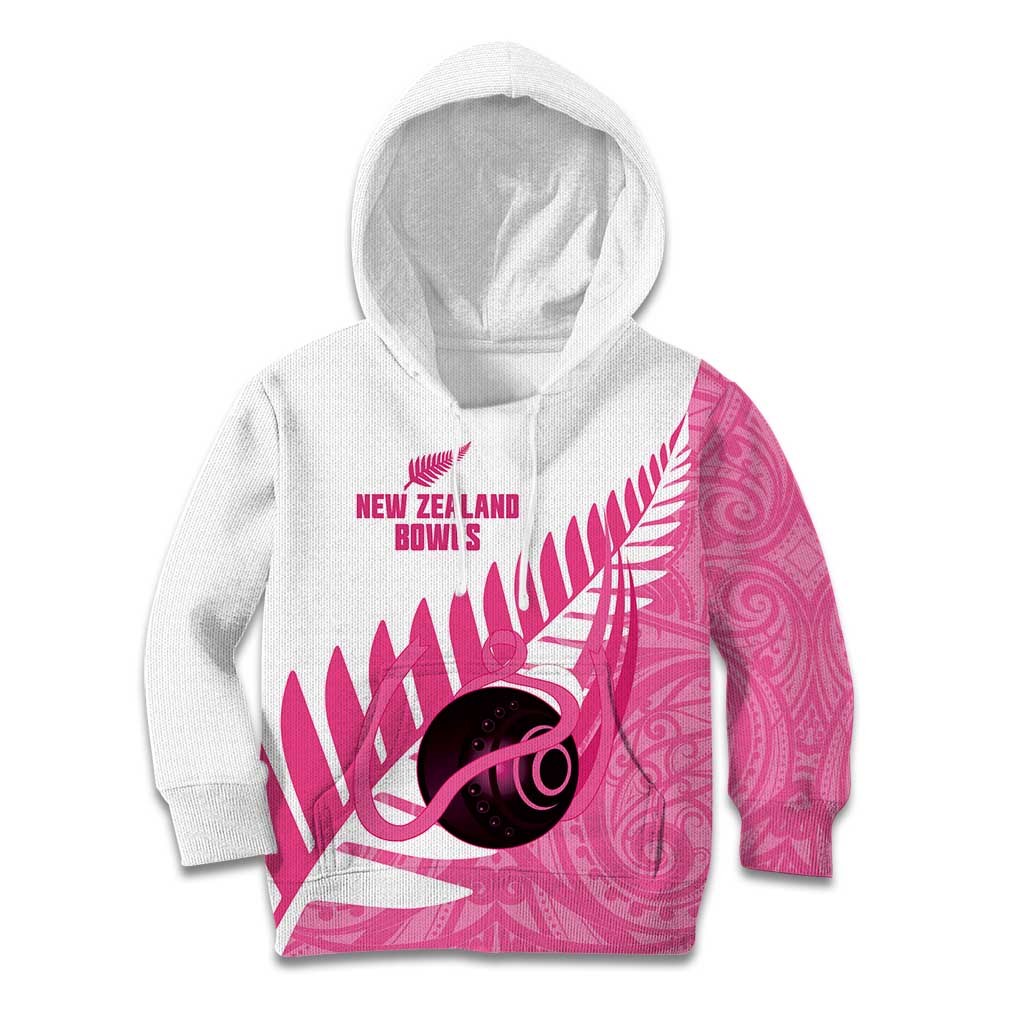 New Zealand Lawn Bowls Breast Cancer Custom Kid Hoodie Aotearoa Maori Silver Fern Pink Ribbon - Aussie Hoodie