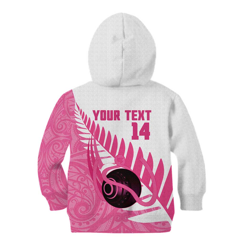 New Zealand Lawn Bowls Breast Cancer Custom Kid Hoodie Aotearoa Maori Silver Fern Pink Ribbon - Aussie Hoodie