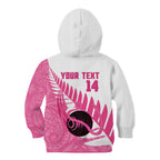 New Zealand Lawn Bowls Breast Cancer Custom Kid Hoodie Aotearoa Maori Silver Fern Pink Ribbon - Aussie Hoodie
