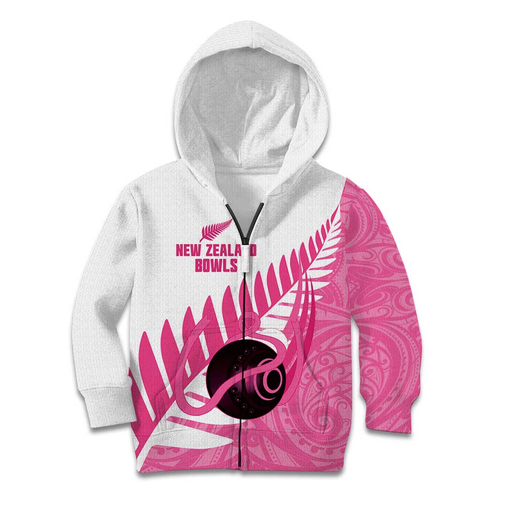 New Zealand Lawn Bowls Breast Cancer Custom Kid Hoodie Aotearoa Maori Silver Fern Pink Ribbon - Aussie Hoodie