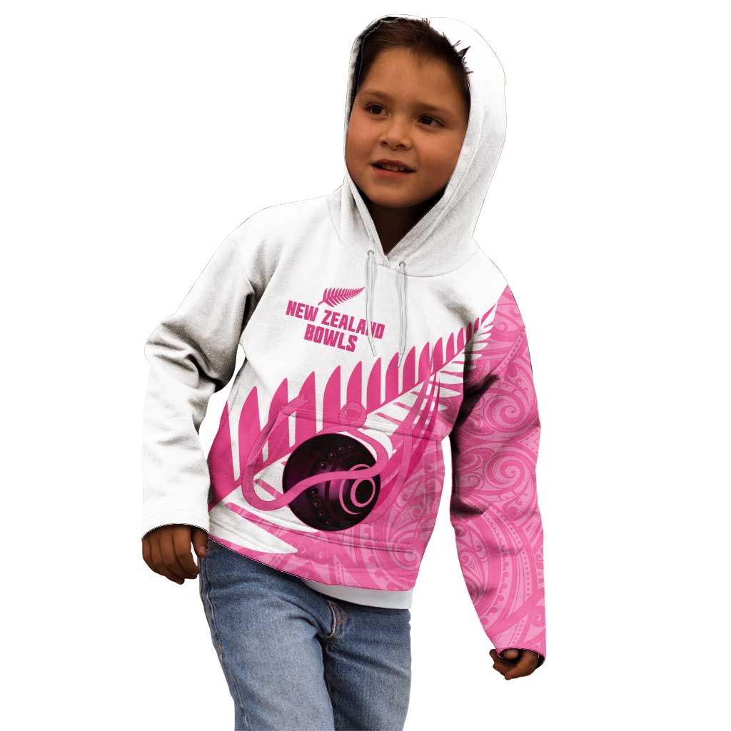New Zealand Lawn Bowls Breast Cancer Custom Kid Hoodie Aotearoa Maori Silver Fern Pink Ribbon - Aussie Hoodie